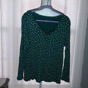 FALLS CREEK Long Sleeve Henley Teal w/Tiny Floral Print Cotton Ribbed Tee 2XL